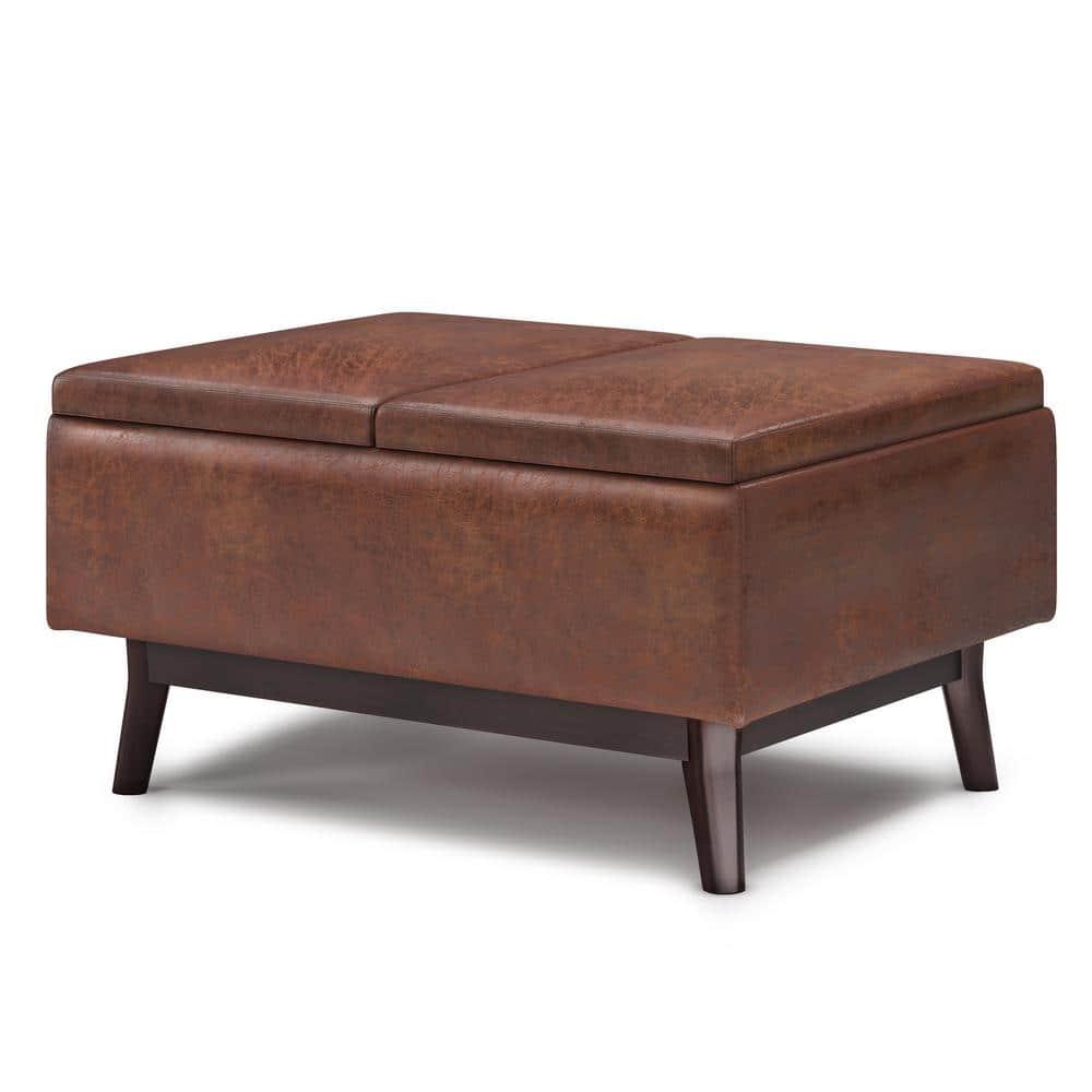 Simpli Home Owen 34"W Small Upholstered Coffee Table Storage Ottoman with Flip-Over Tray Top and Solid Wood Legs
