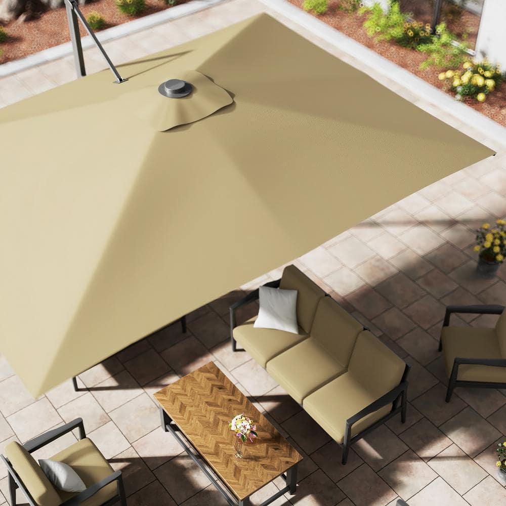 Mondawe 10x13 Ft Patio Cantilever Umbrella with Base and 360° Rotation Offset,Large Rectangular Outdoor Umbrella for Pool Deck, Tan