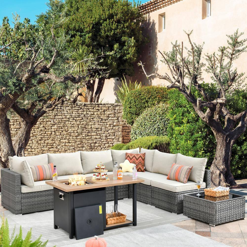 Ovios Venice 8pc Wicker Outdoor Patio Furniture Set Conversation Sofa with a Storage Fire Pit and Navy Blue Cushions