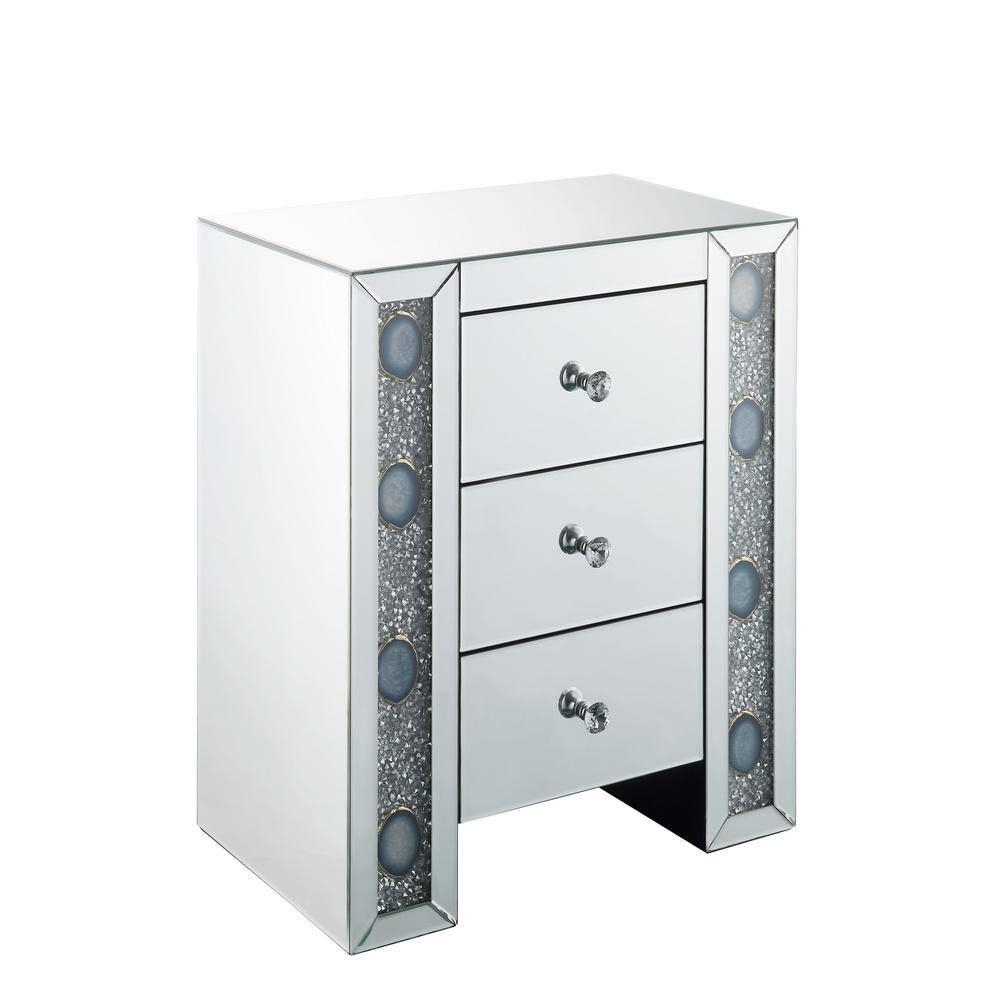 ACME Sonia 3-Drawers Mirror and Wood Nightstand in Mirrored/Faux Agate Stone