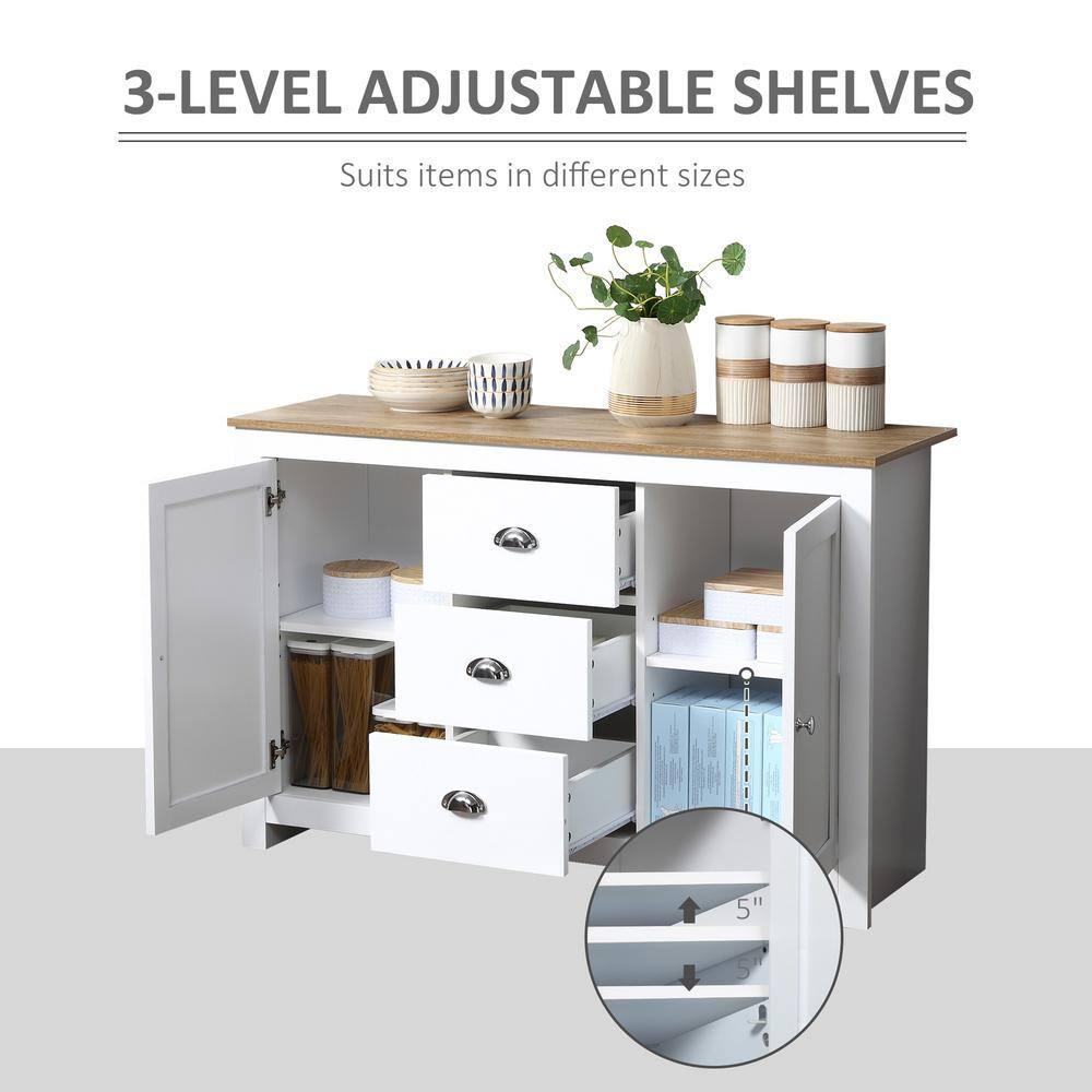 HOMCOM Kitchen Sideboard with Adjustable Shelves, Dining Buffet Cabinet with 3 Storage Drawers, White