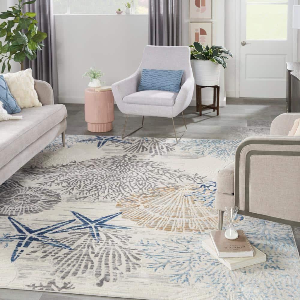 Nourison Pompeii 7'10" x 9'10" Ivory Grey Blue Coastal, Nautical & Beach Indoor Rug