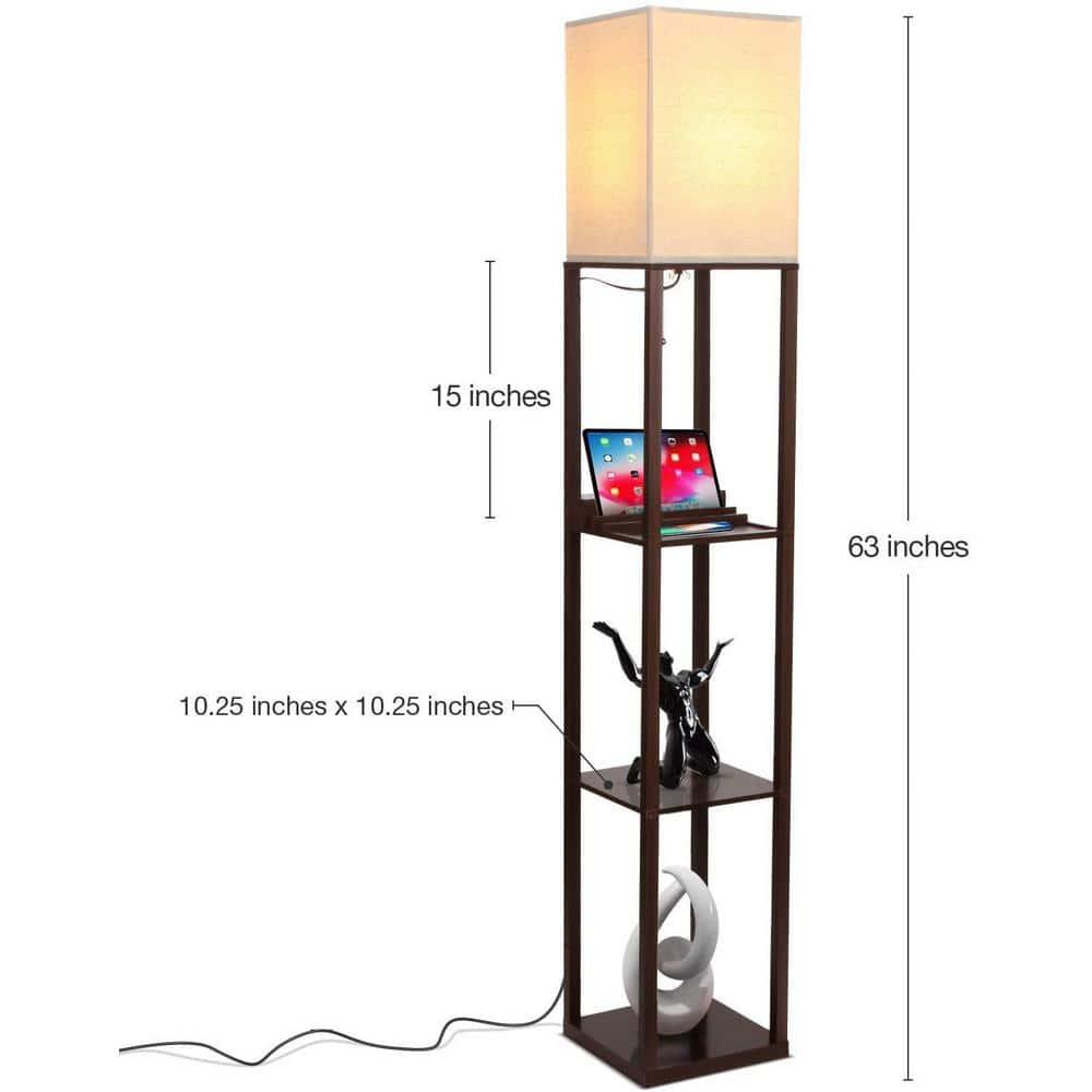 Maxwell 63 in. USB Charging LED 3-Shelf Floor Lamp with Beige Fabric Square Shade