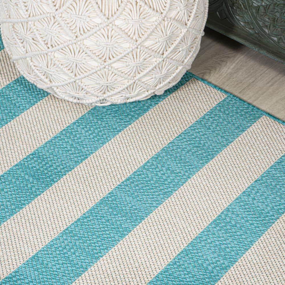 4' x 6' Negril Two-Tone Wide Stripe Indoor/Outdoor Area Rug, Aqua/Cream - JONATHAN Y