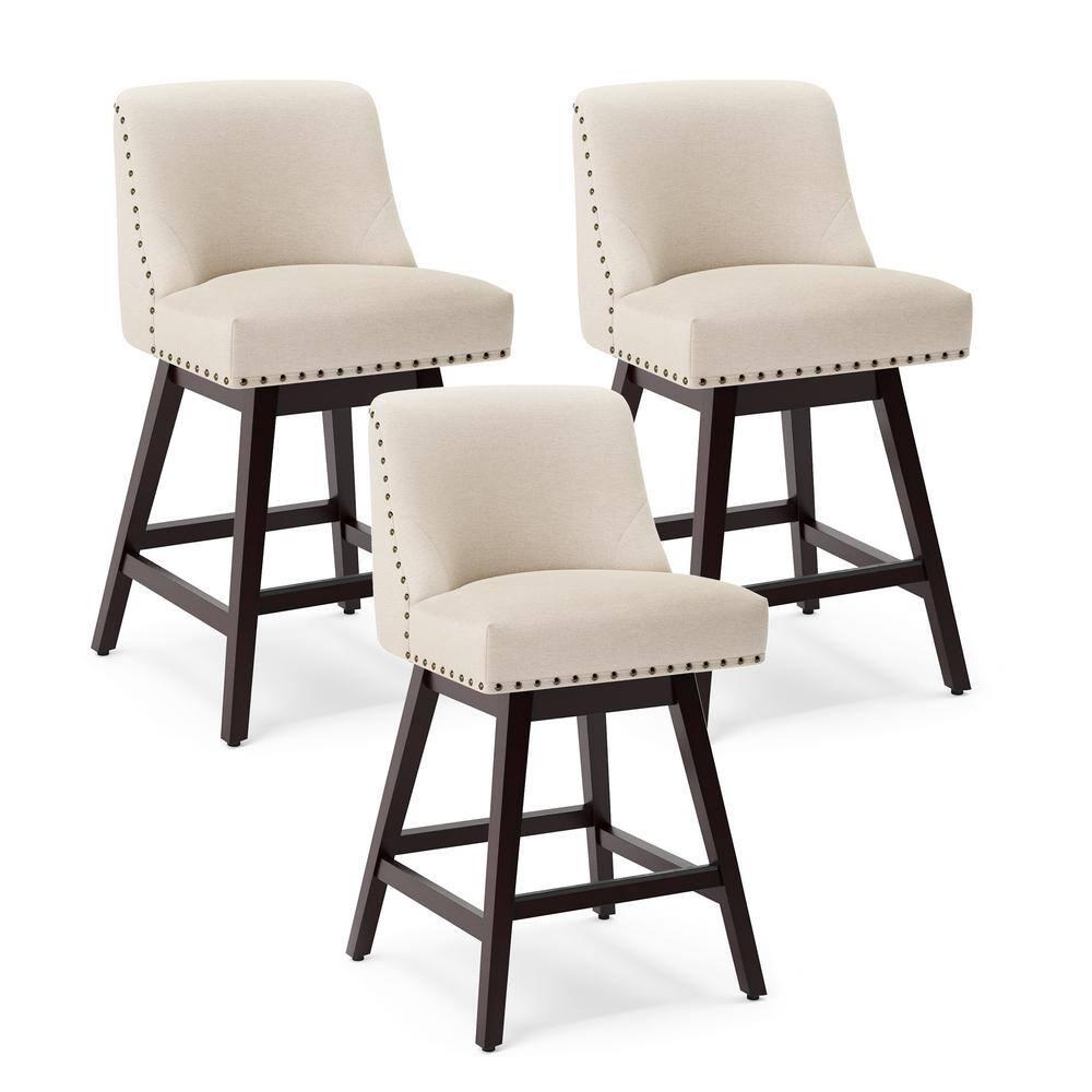 Zoi 26 in. Wood 360 Free Swivel Upholstered Bar Stool with Back, Performance Fabric in Linen. (Set of 3)