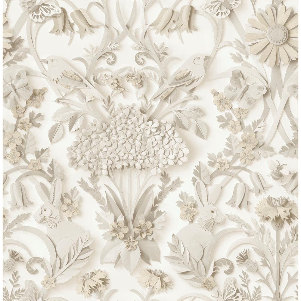Taupe Damask Self-Adhesive Wallpaper with Rabbit and Bird Design