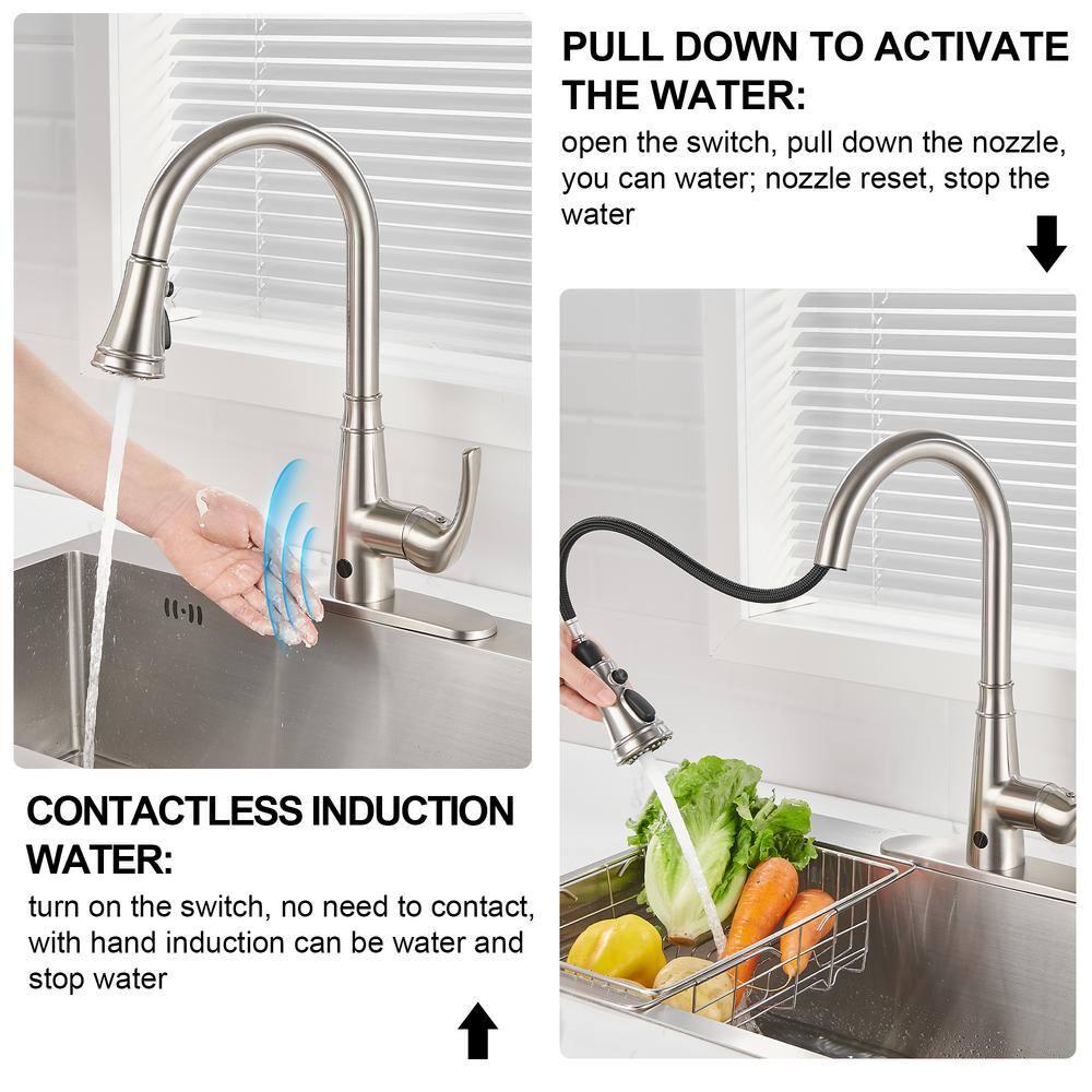 Touchless Gooseneck Single Handle Pull Down Sprayer Kitchen Faucet with Deckplate Pull Out Sink Faucet in Brushed Nickel