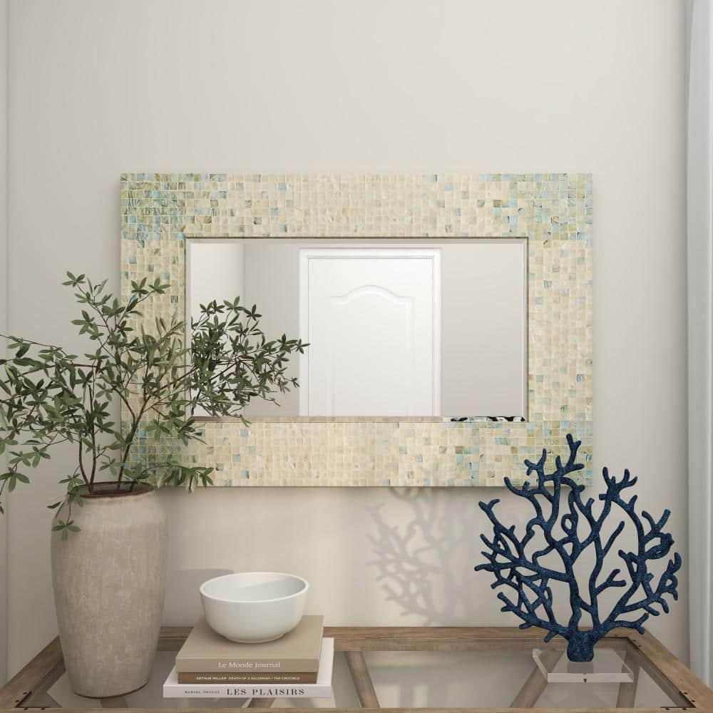 DecMode 24" x 36" Cream Handmade Mosaic Wall Mirror with Blue Corners