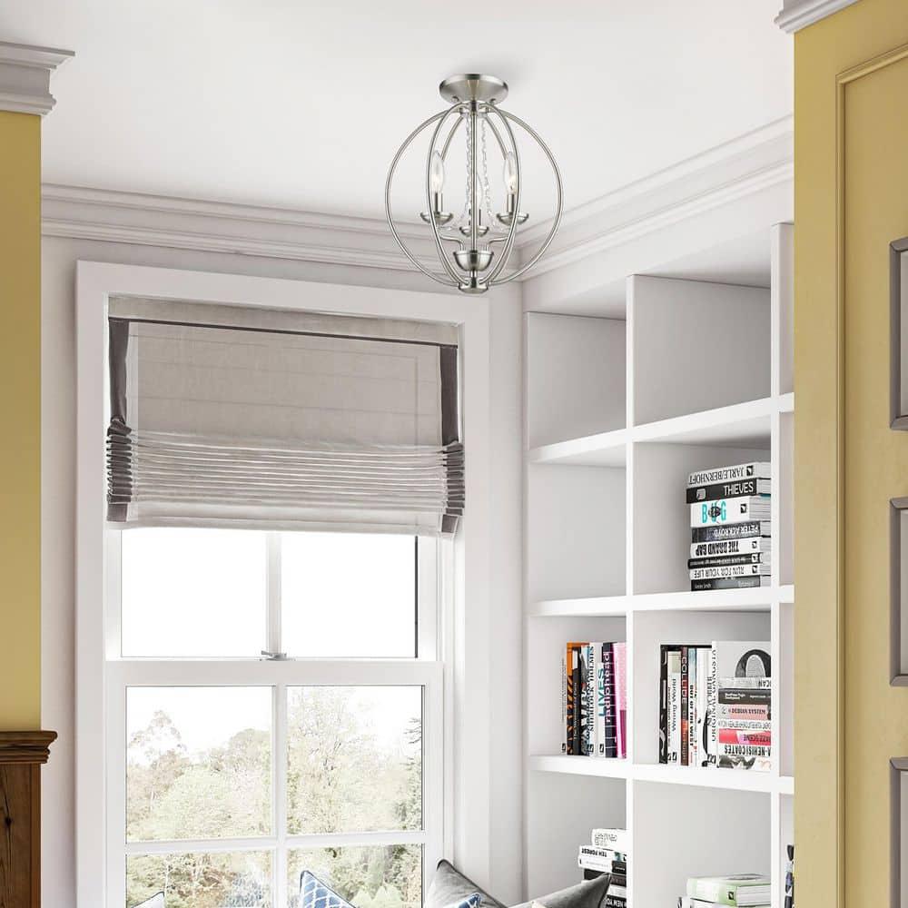 Delridge 12 in.  3-Light Brushed Nickel Globe Convertible Chandelier/Semi Flush with Clear Crystals