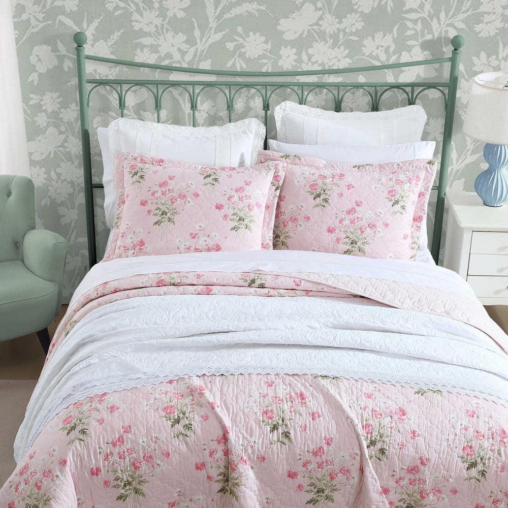 Laura Ashley Veronicas Bouquet Cotton Reversible Pink Quilt Set