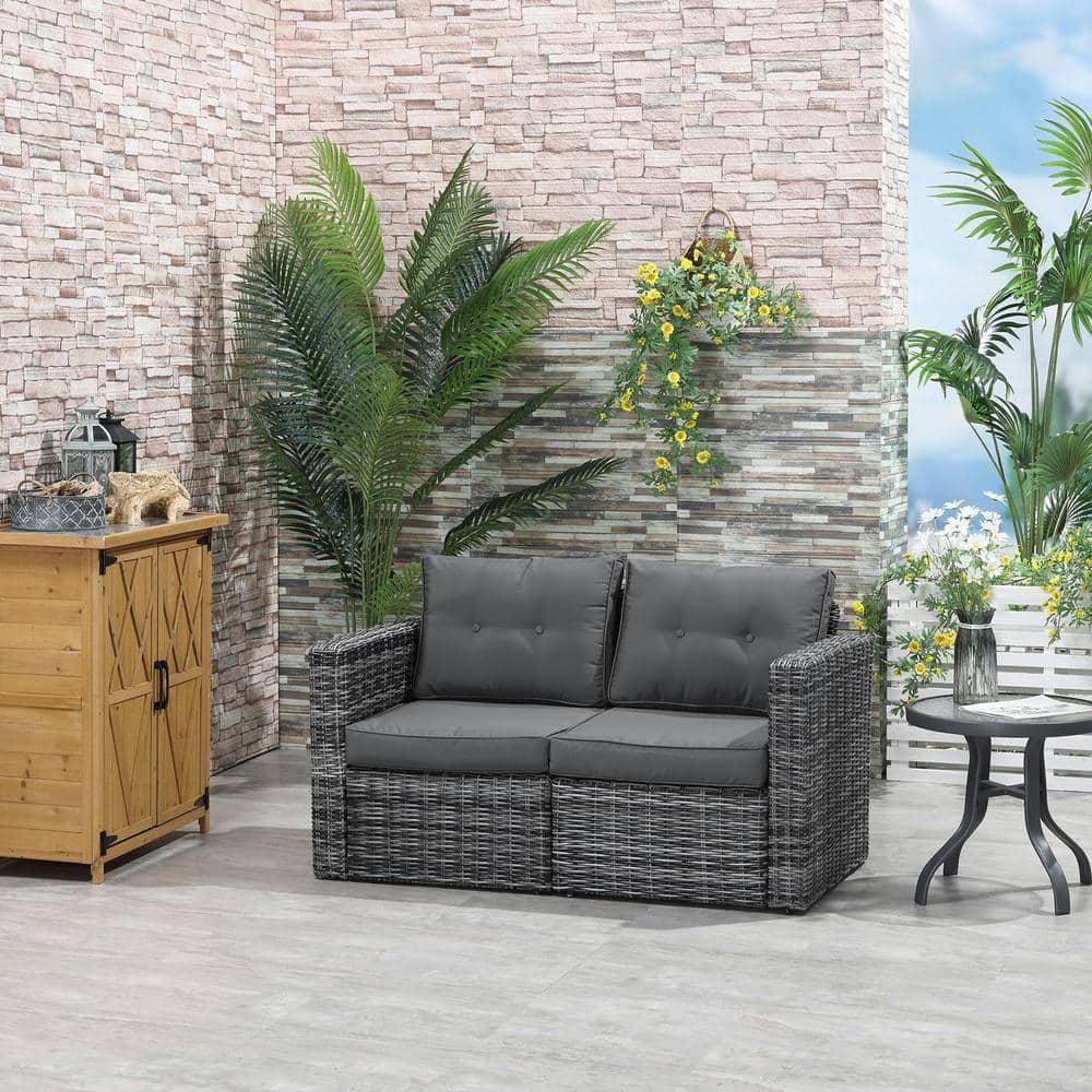 Outsunny 2 Piece Patio Wicker Corner Sofa Set, Outdoor PE Rattan Furniture, with Curved Armrests and Padded Cushions for Balcony, Gray