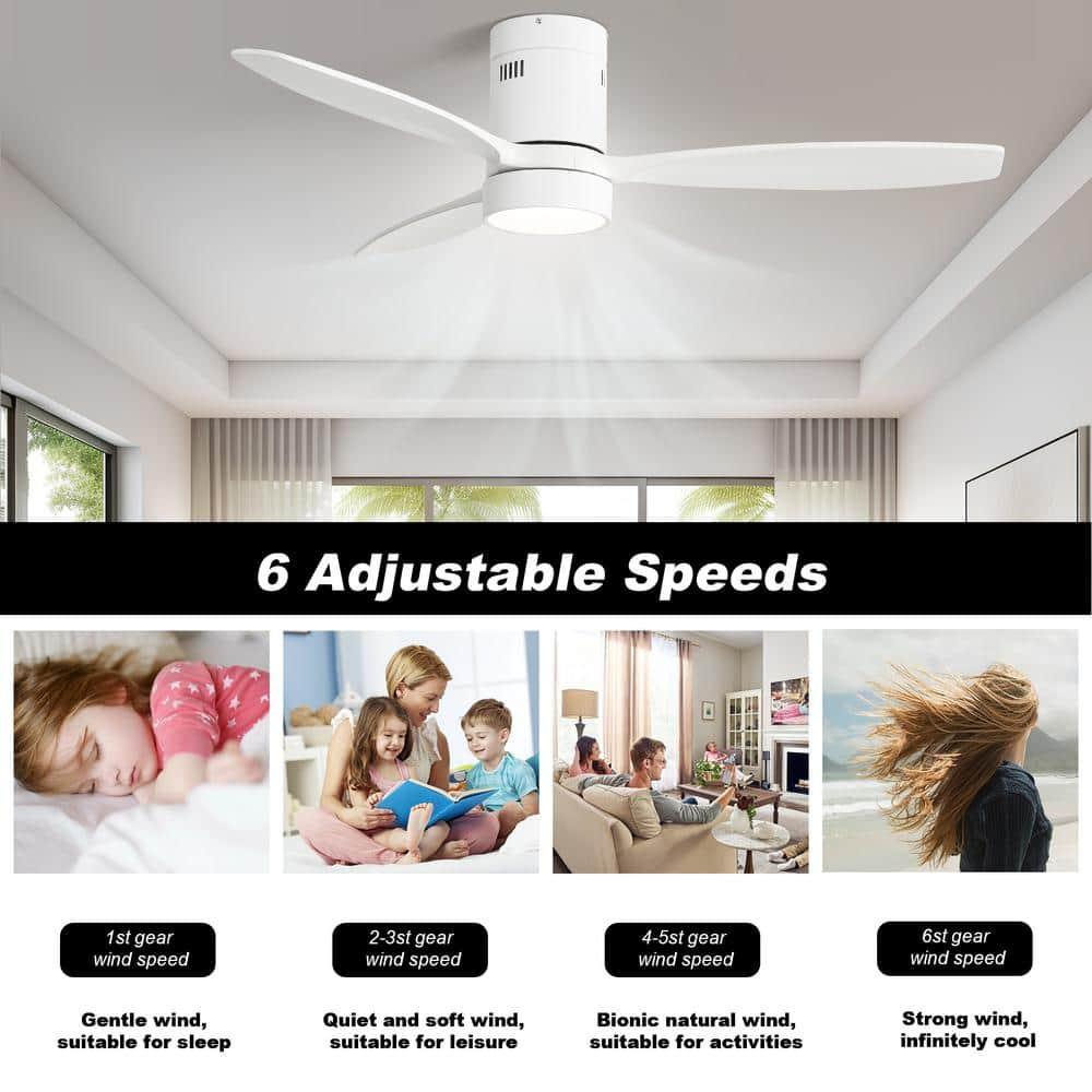 Sofucor 52 inch Wood Low Profile White Ceiling Fans with Lights and Remote, Modern Flush Mount Quiet Ceiling Fan for Bedroom, Reversible DC Moto