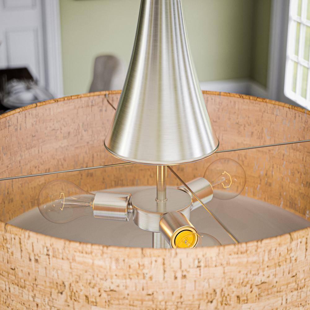 Bulletin 3-Light Brushed Steel Ceiling Pendant Light with Cork Shade