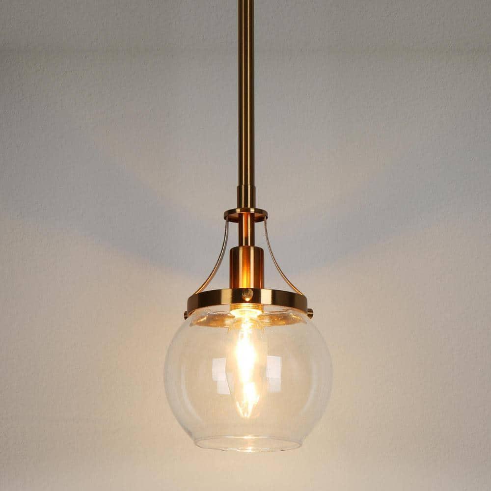 LNC Capensis 1-Light Matte Black and Polished Gold Clear Glass Globe LED Mini Indoor Kitchen Island Light: UL Listed, Adjustable Height