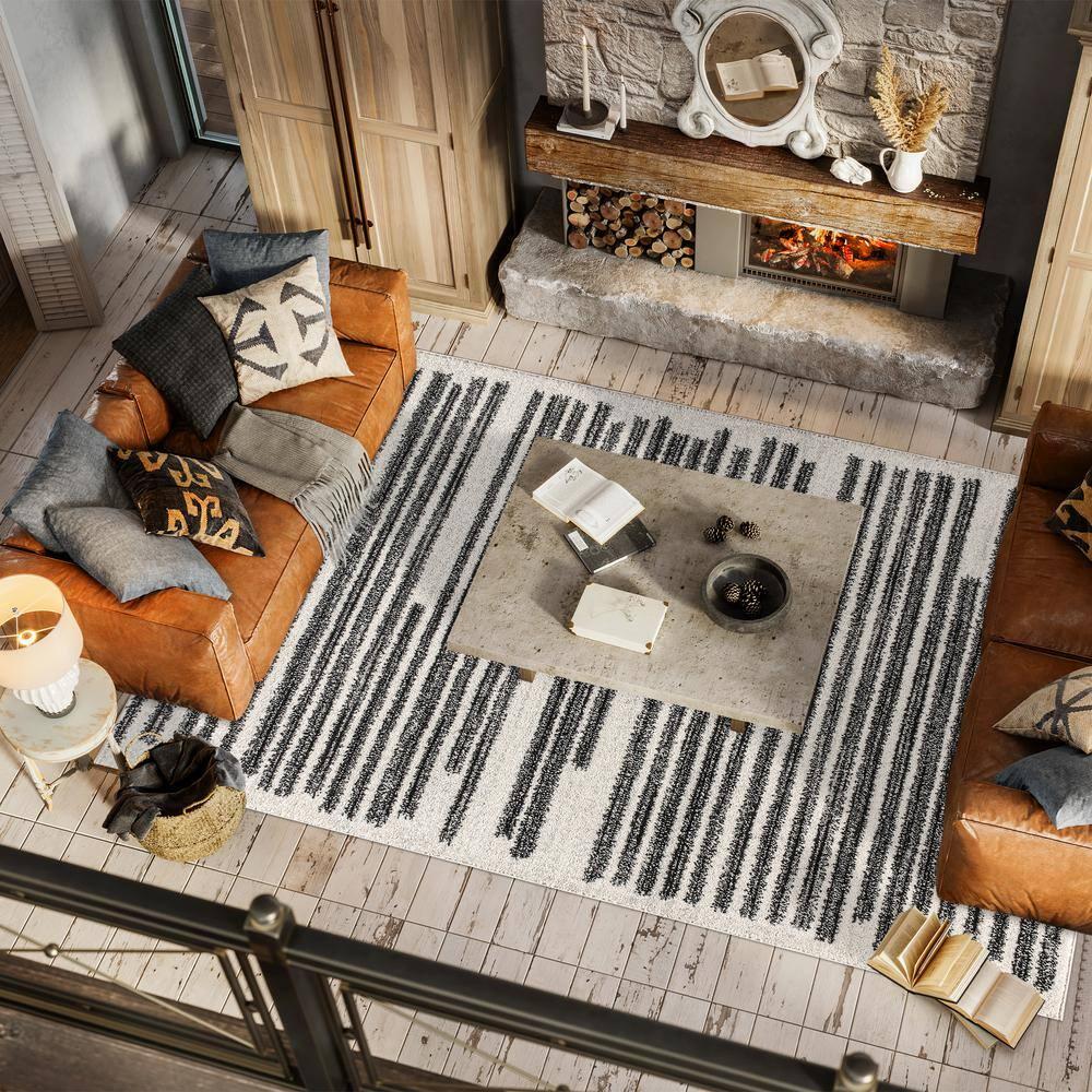 4'x6' Khalil Modern Berber Stripe Area Rug, Cream/Black - JONATHAN Y