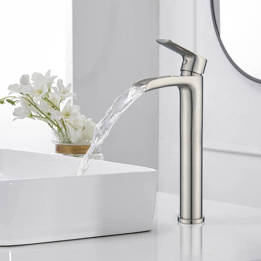 NEWATER Matte Black Tall Bathroom Vessel Sink Faucet, Single Hole Single Handle Waterfall Modern Bathroom Faucet, Vanity Faucet with Water Supply Line