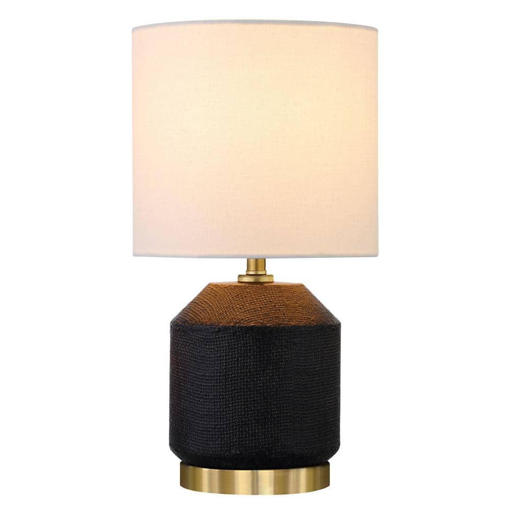 Evelyn&Zoe Esther 15" Tall Textured Ceramic Mini Lamp with Fabric Shade, Matte Black/Antique Brass/White