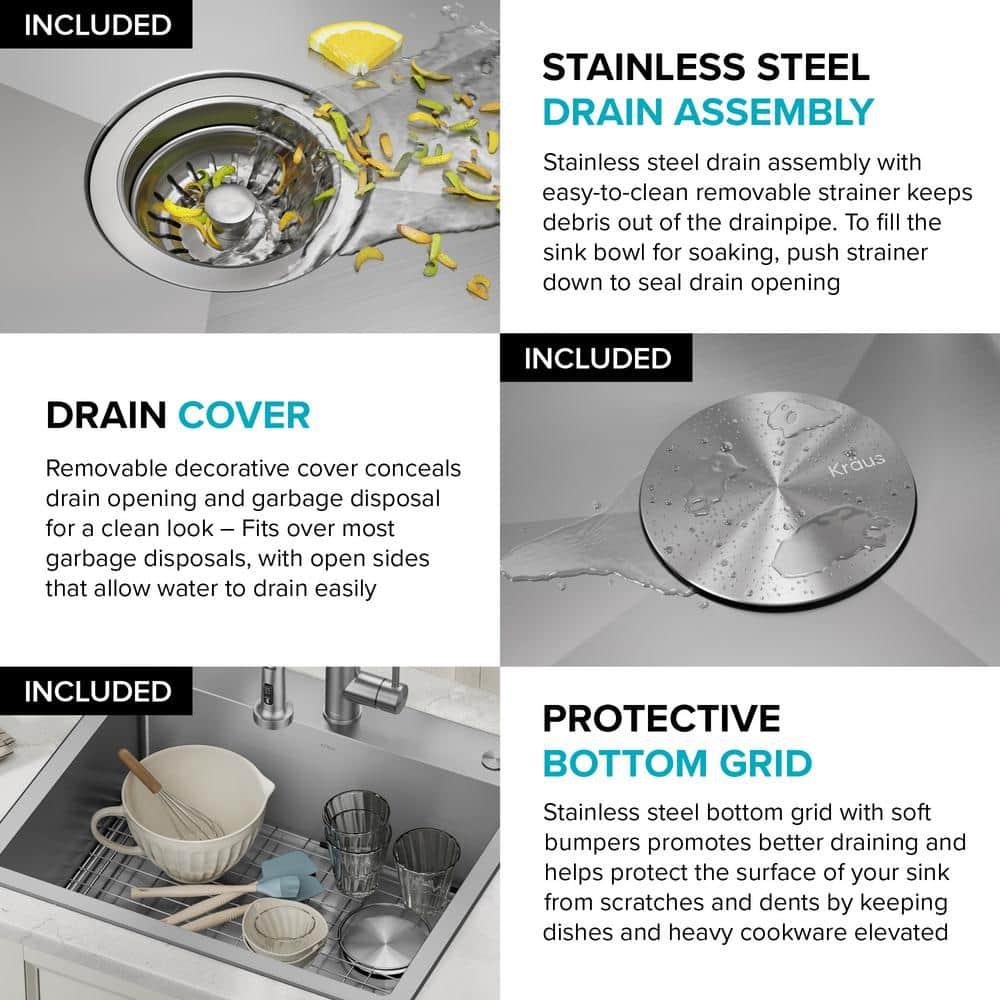 Kraus KHT411-25 Standart Pro Drop-in Topmount 16 Gauge Single Bowl 2-Hole Stainless Steel Set (5 Item Bundle: Sink, Bottom Grid, Assembly, Drain Cap, Kitchen Towel), 25 Inch, Tight Radius