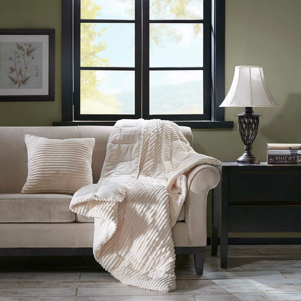 60"x70" Oversized Williams Plush Down Alternative Throw Blanket Ivory - Madison Park