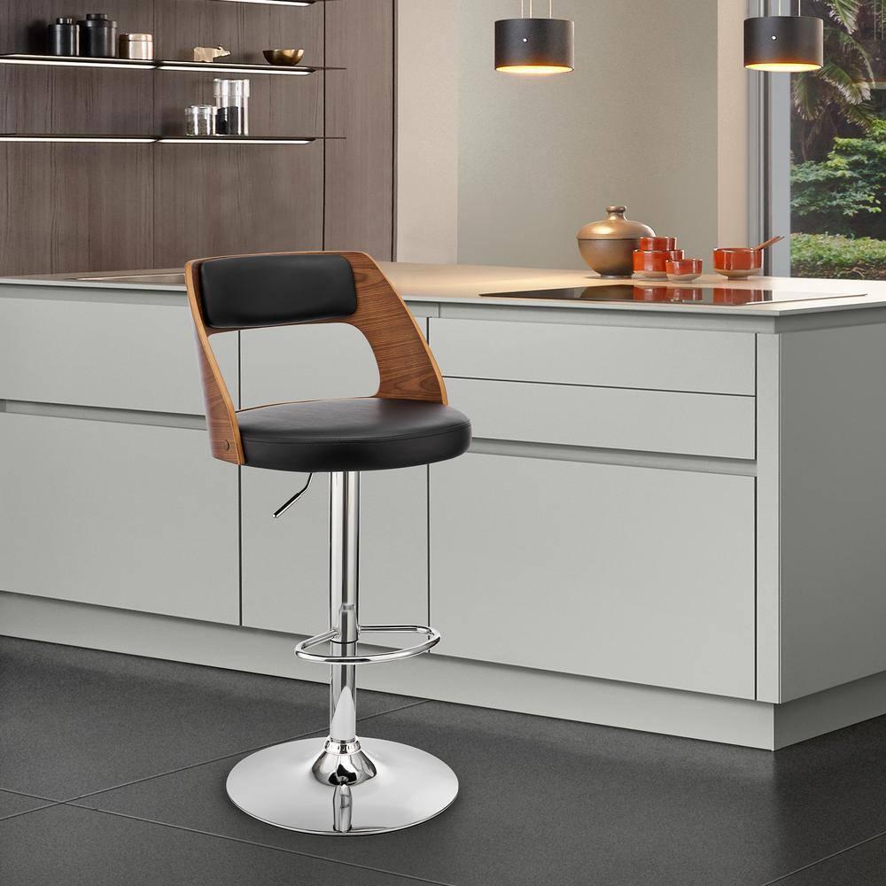 44 x 19 x 19 in. Paulo Adjustable Swivel Faux Leather & Walnut Wood Bar Stool with Base, Black & Chrome