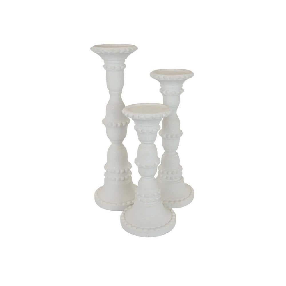 Benjara Accent Candle Holder Set of 3, Tall Pillars, Heavy Base, White Resin
