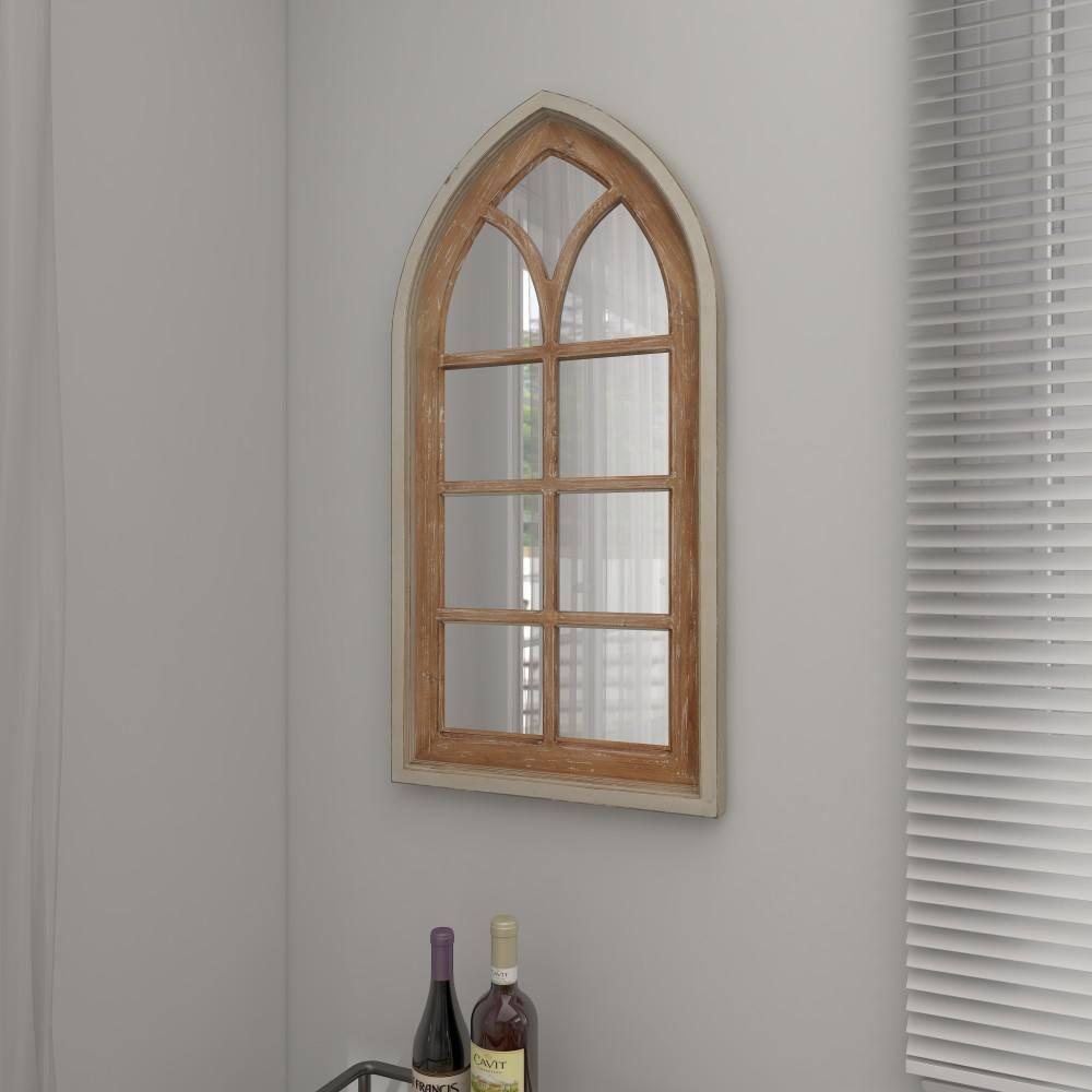 DecMode 26" x 35" Brown Arched Distressed Window Pane Wall Mirror