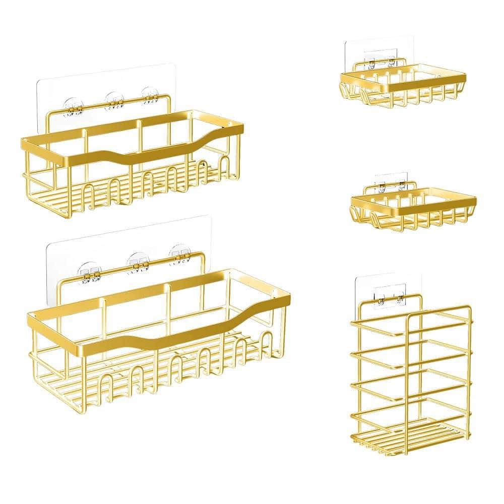 Fab Glass and Mirror 5-Pack Shower Caddy, Gold - Shower Organizer & Shelves for Efficient Storage, Bathroom Caddy for Wall Organizer, Durable Showers Wall Caddy