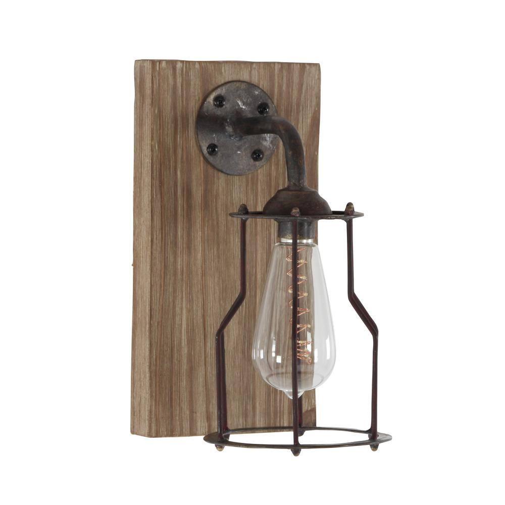 DecMode Industrial Metal Wall Sconce with Wood Backplate and Iron Cage, 6"W x 11"H Features Rustic Brown Finish