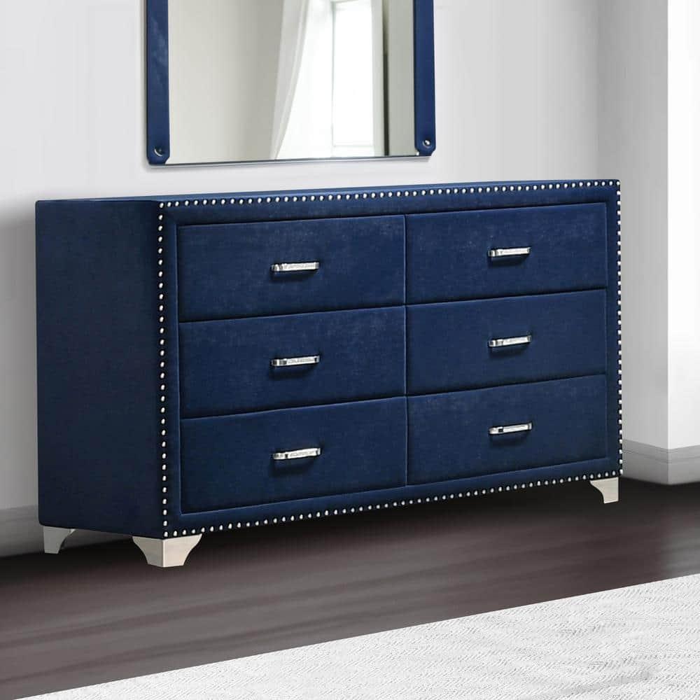 BenJara BM280482 60 in. Cale Modern Glam Velvet & Wood Dresser with 6 Drawer, Blue