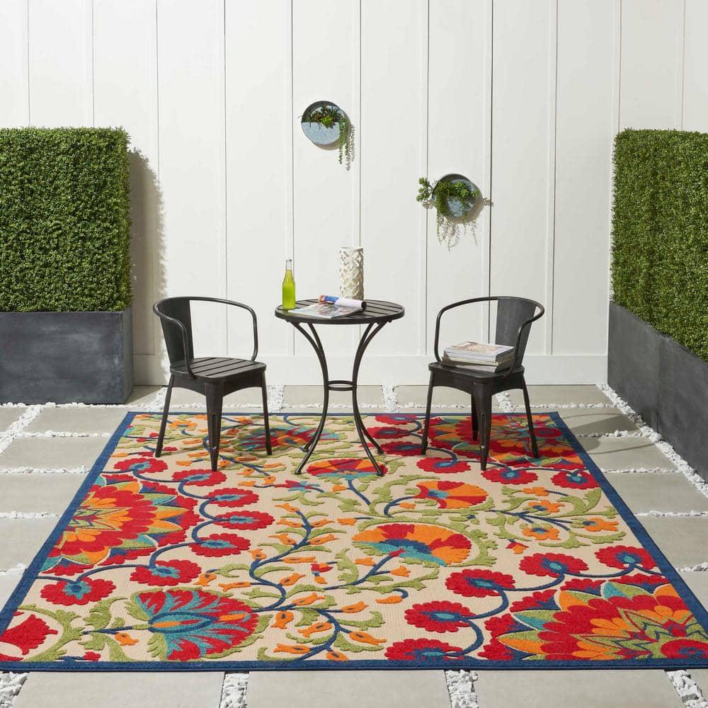 Nourison Aloha Floral Easy Care Flatweave High-Low Indoor Outdoor Area Rug Red/Multi 7' x 10'