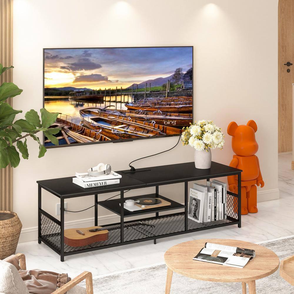 TV Stand with Power Outlets for Televisions up to 65", 55" Media Entertainment Center with 3-Tier Open Shelves Black