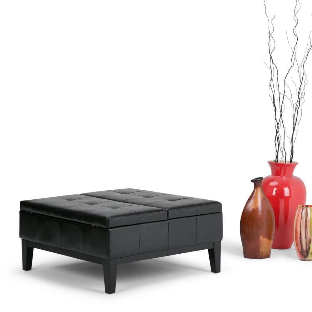 Simpli Home Dover 36"W Upholstered Square Coffee Table Storage Ottoman with Split Tufted Lift Top