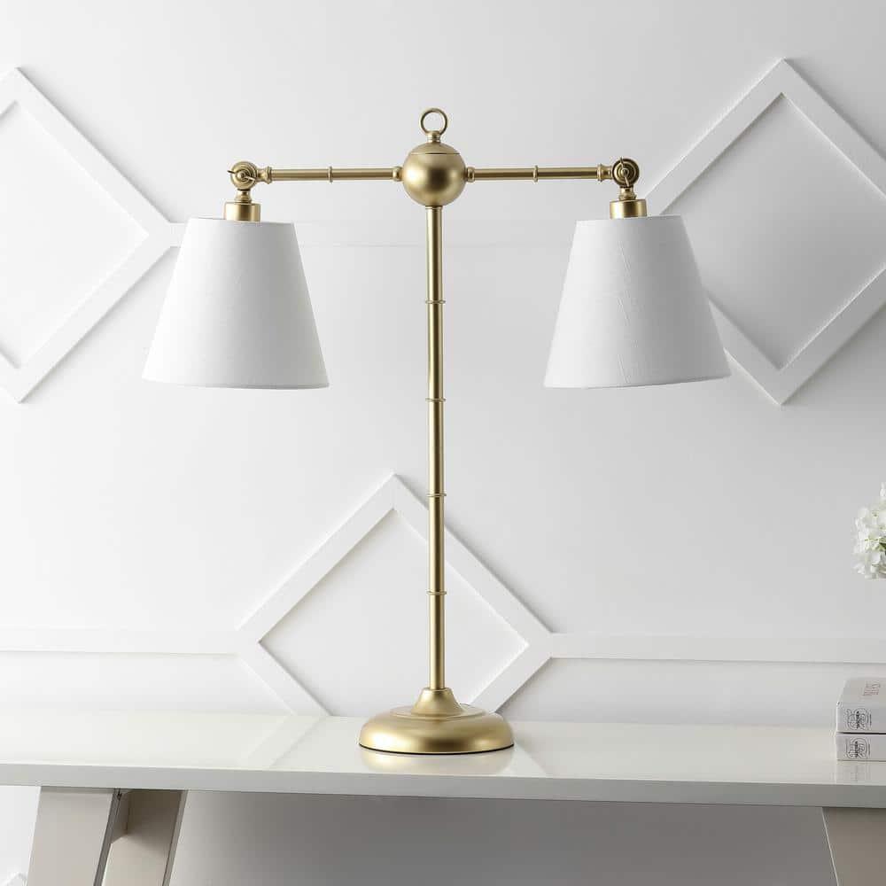 Gold Adjustable Dual White Shade Library Table Lamp