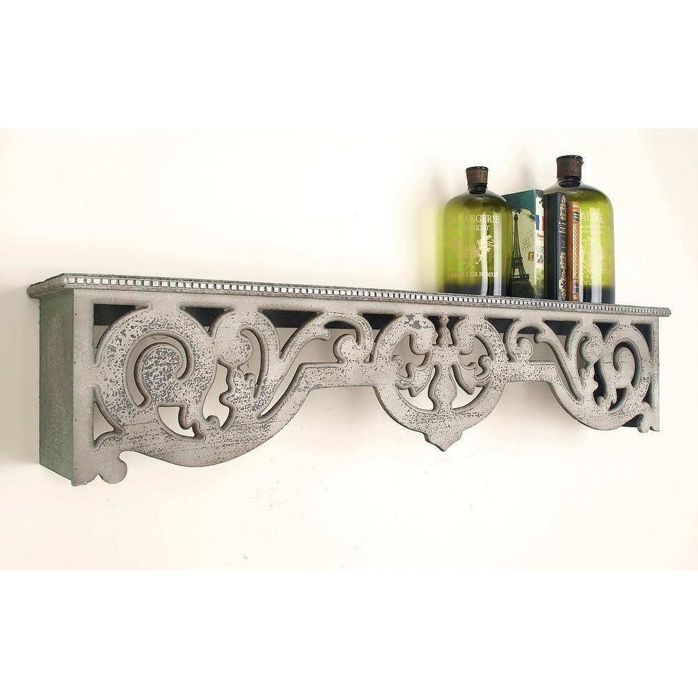 DecMode 48" x 8" 1-Tier Beige Scroll Wall Shelf with Gray Distressing
