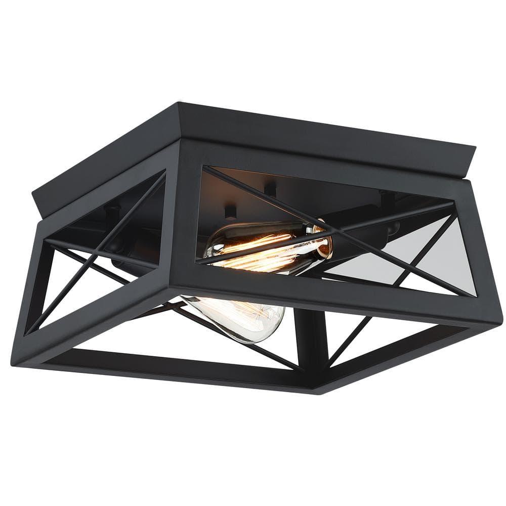 Progress Lighting, Briarwood, 2-Light Flush Mount, Textured Black, Faux-Painted Wood Enclosure