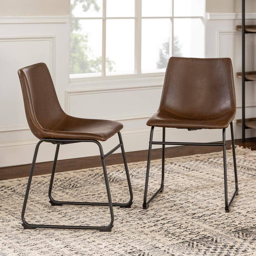 Walker Edison Full Back Faux Leather Dining Chair, Set of 2, Brown