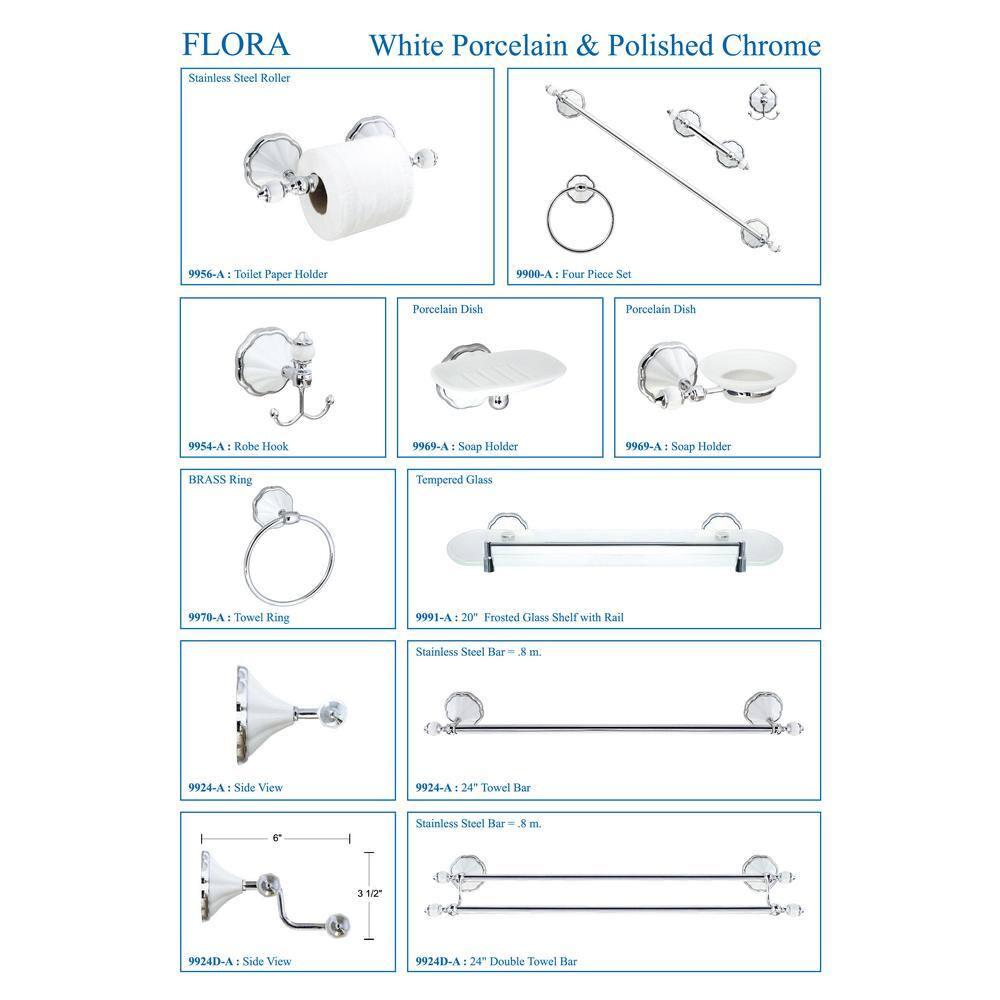 FLORA 4 Piece Bathroom Accessories Set in White Porcelain and Polished Chrome