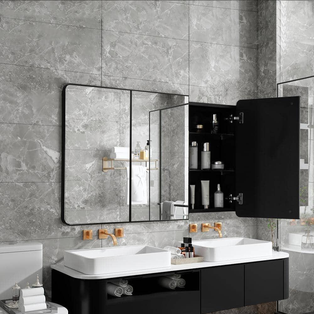 Basicwise 3-Door Aluminum Medicine Cabinet, Round Corner Frame, Surface or Recessed Mount, Mirrored Doors with Adjustable Glass Shelves, Matte Black