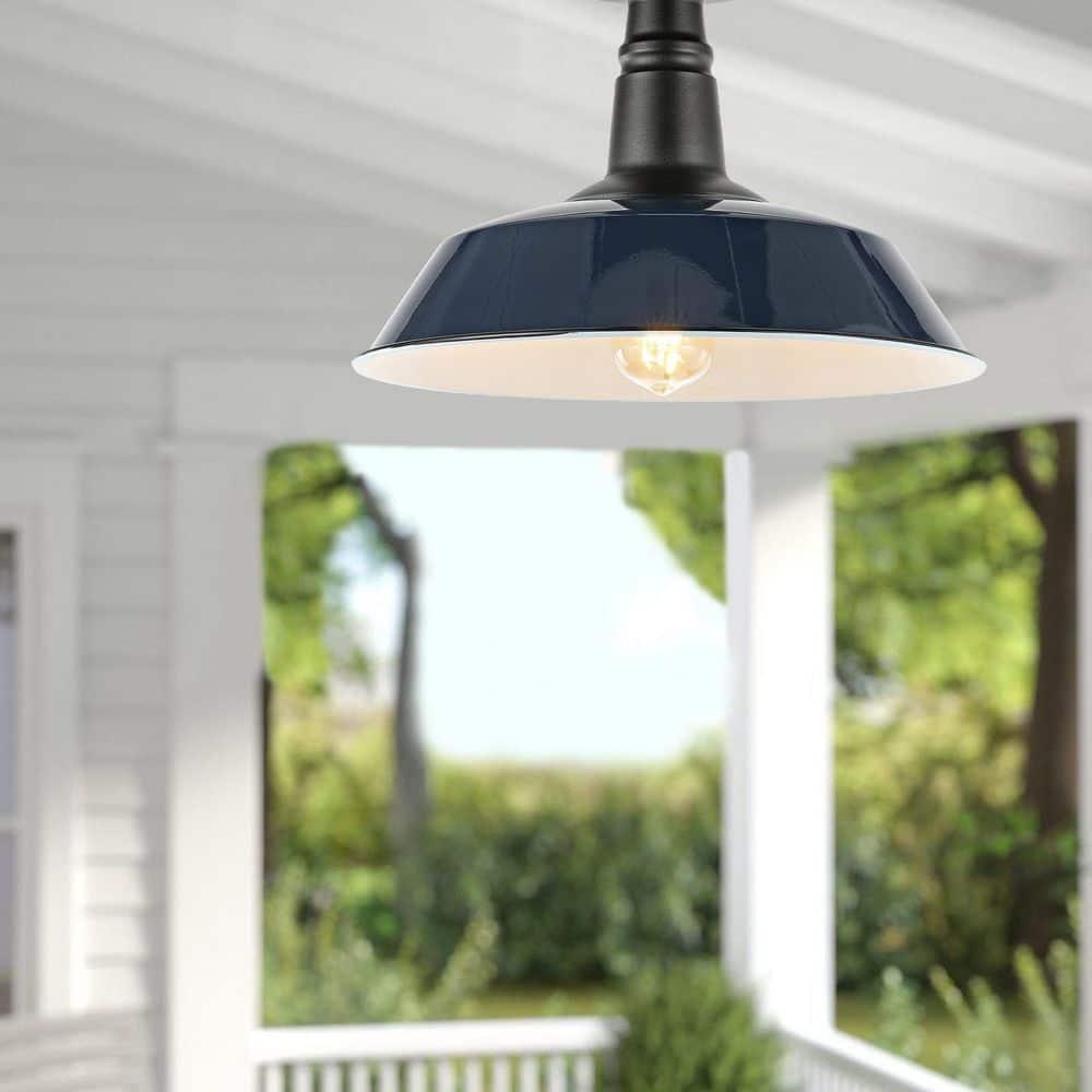 JONATHAN Y JYL7617C Camila 14" 1-Light Classic Industrial Indoor/Outdoor Iron LED Semi Flush Mount Mid-Century, Rustic 2700K Cozy Warm Light Kitchen Hallway Bathroom Stairwell, Navy/White
