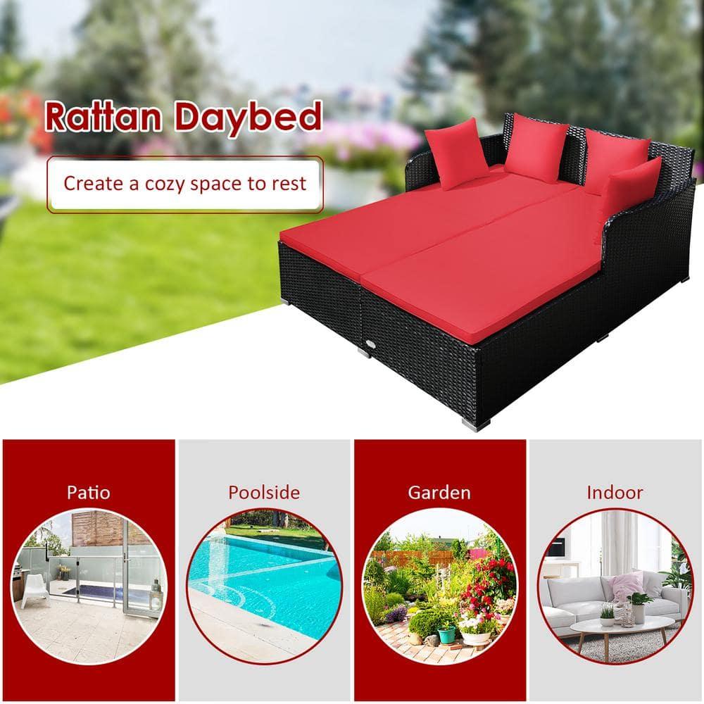 Costway Outdoor Patio Rattan Daybed Thick Pillows Cushioned Sofa Furniture Red