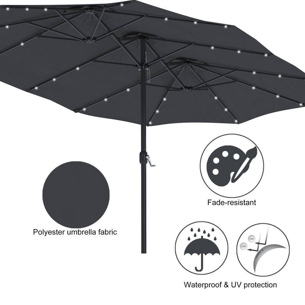 15 ft. Steel Patio Double-Side Market Umbrella with Base and Solar Light with Base in Dark Gray