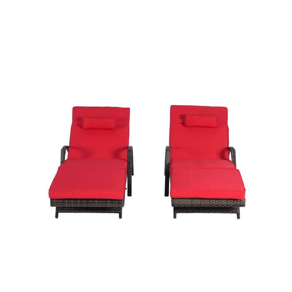 PAPROOS Outdoor Chaise Lounge Chair Set of 2, Rattan Patio Chaise Lounge Chair with Cushion and Arms, Modern 5-Positions Adjustable Outdoor Lounger Recliner for Poolside, Garden, Backyard, Red
