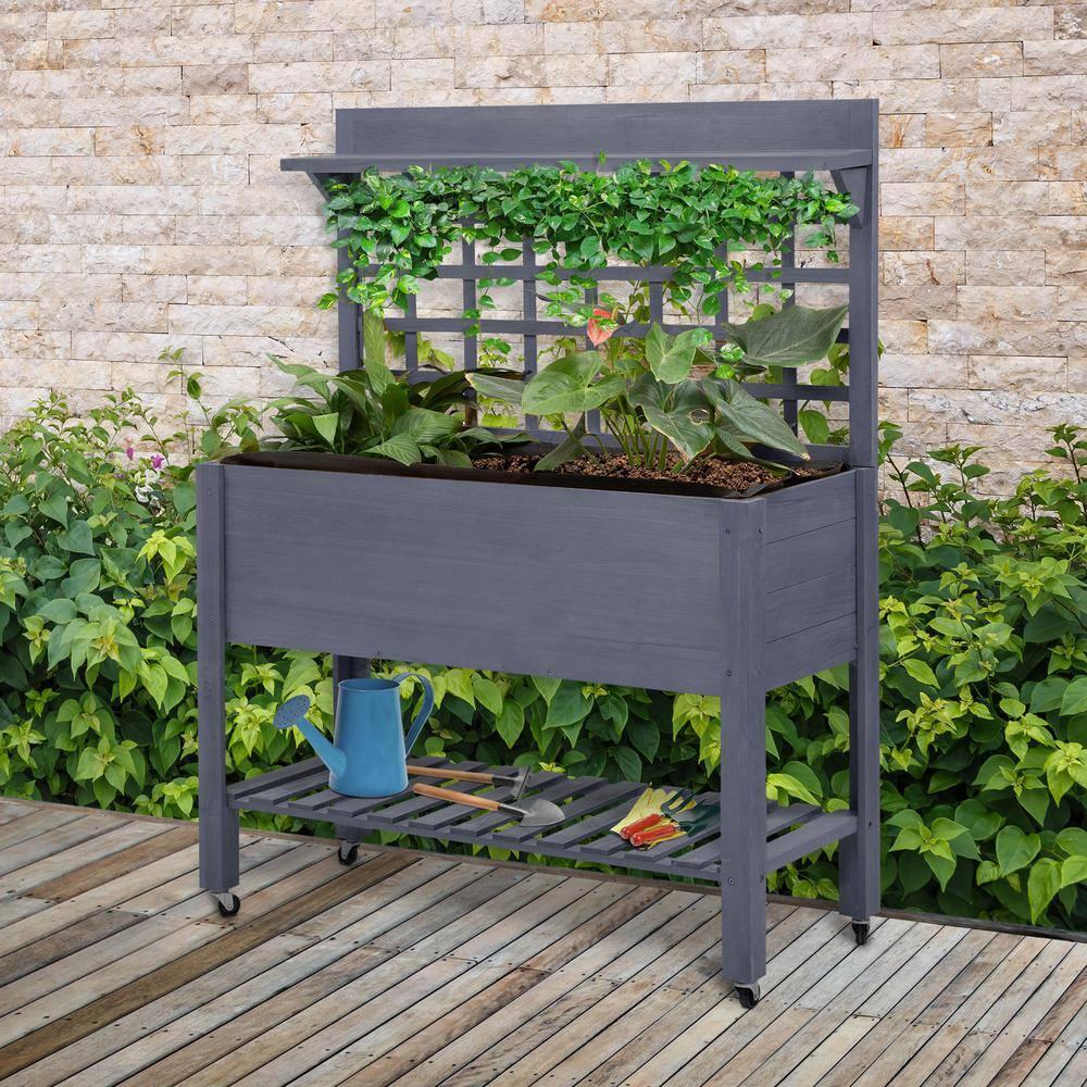 Gray Wood Raised Garden Bed with Trellis and Wheels