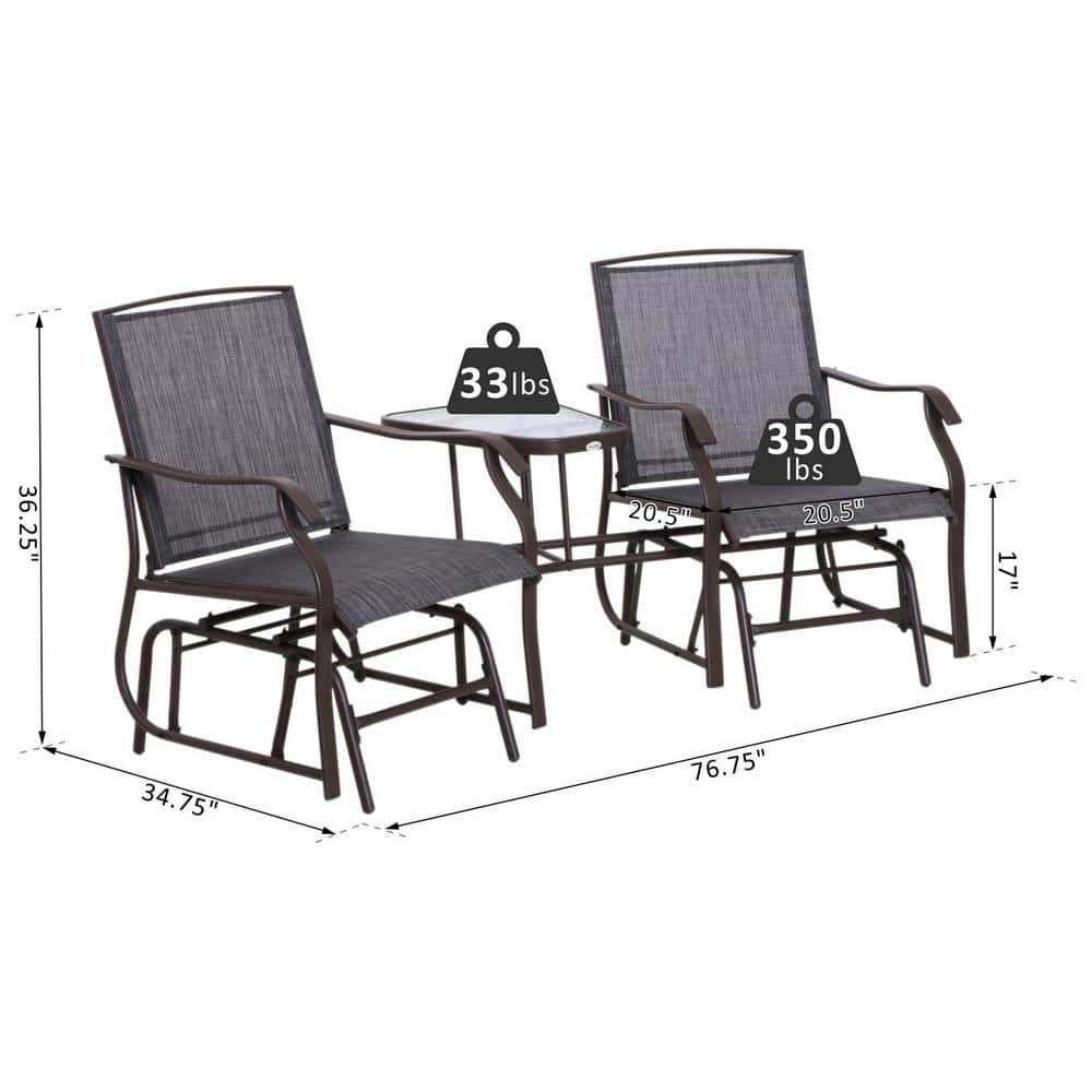 Outsunny Outdoor Glider Chairs with Coffee Table, Patio 2-Seat Rocking Chair Swing Loveseat with Breathable Sling, Coffee Brown
