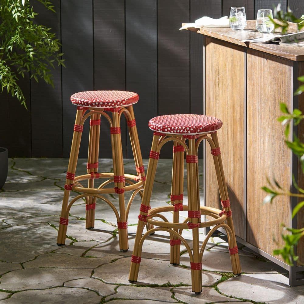 Wilbur Aluminum and Wicker Outdoor 29.5 Inch Barstools, Set of 2, Red, White, and Bamboo Finish