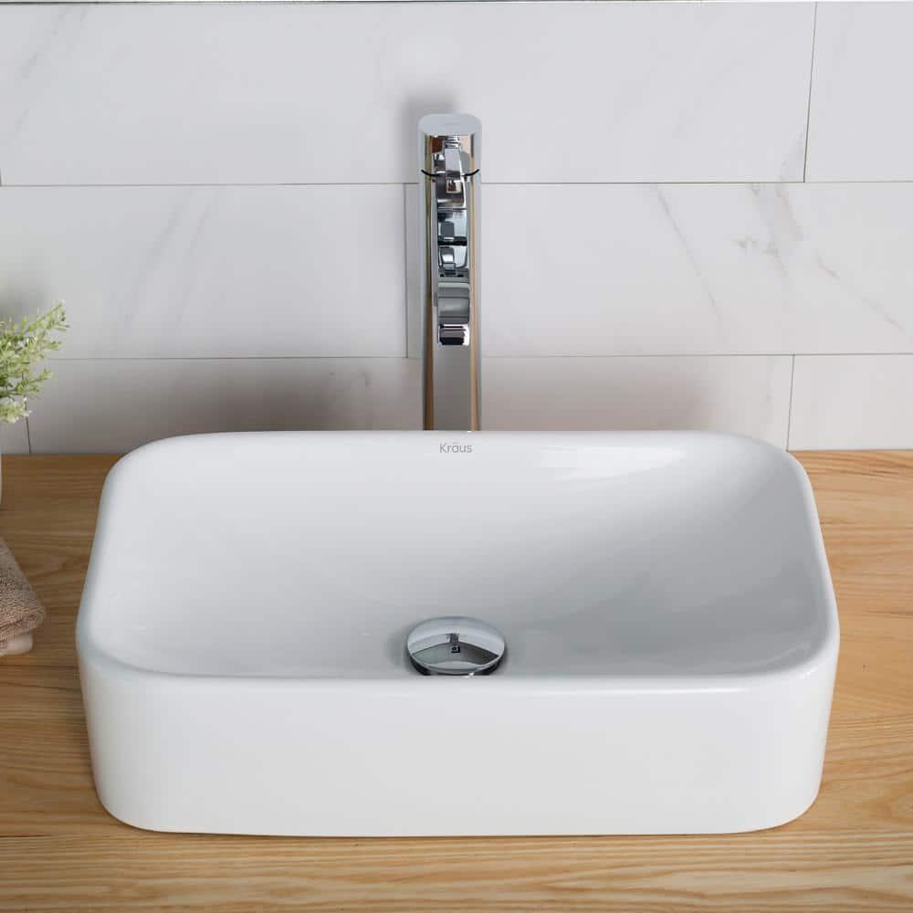 Kraus C-KCV-122-1007CH Ceramic Rectangular Vessel Bathroom Sink with Faucet