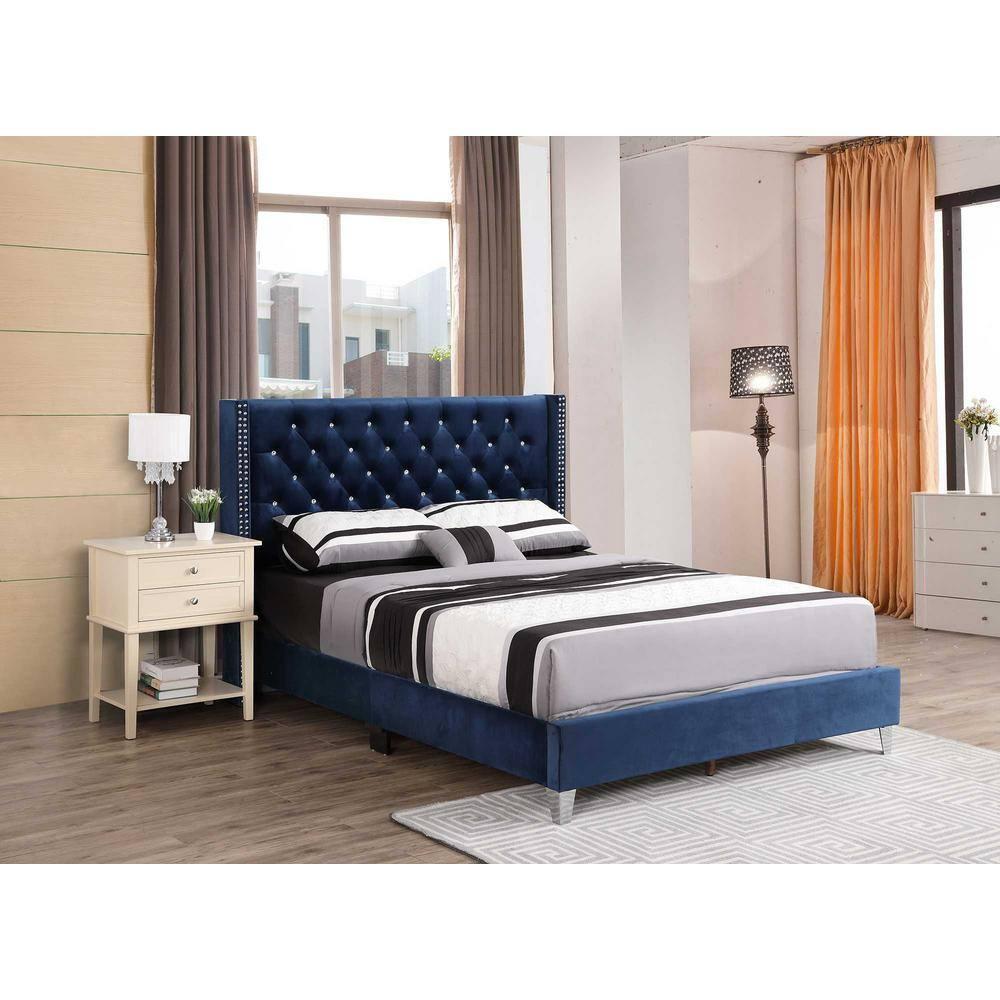 Passion Furniture Julie Navy Blue Tufted Upholstered Low Profile Queen Panel Bed