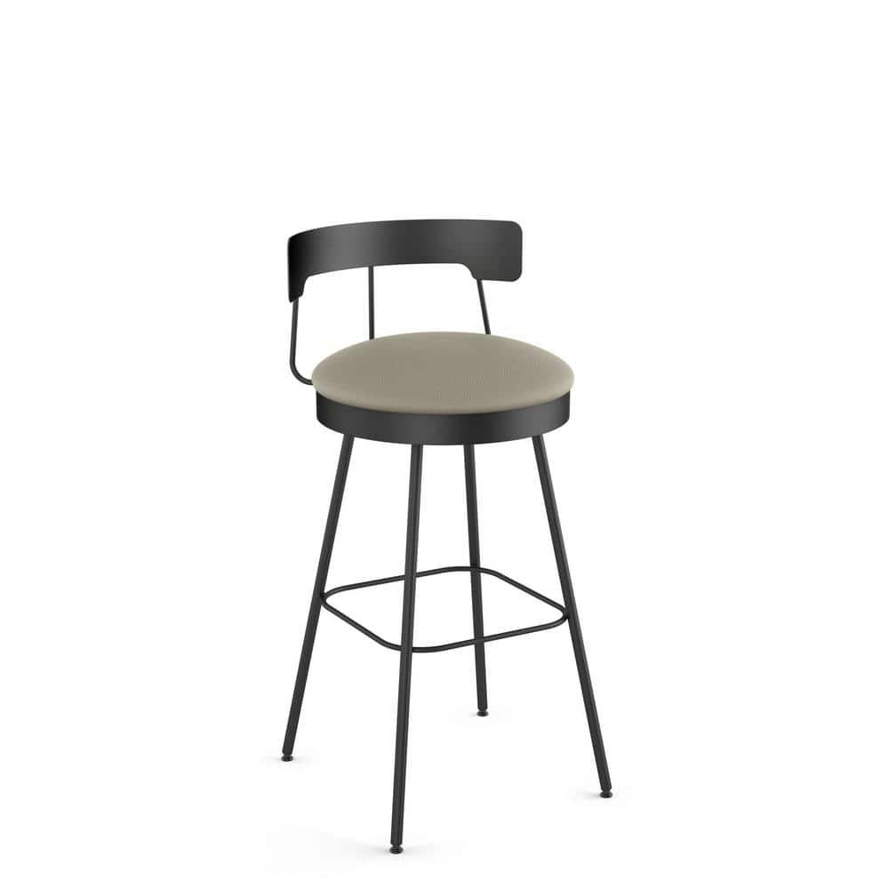 Greige Faux Leather Swivel Bar Stool with Black Metal Base