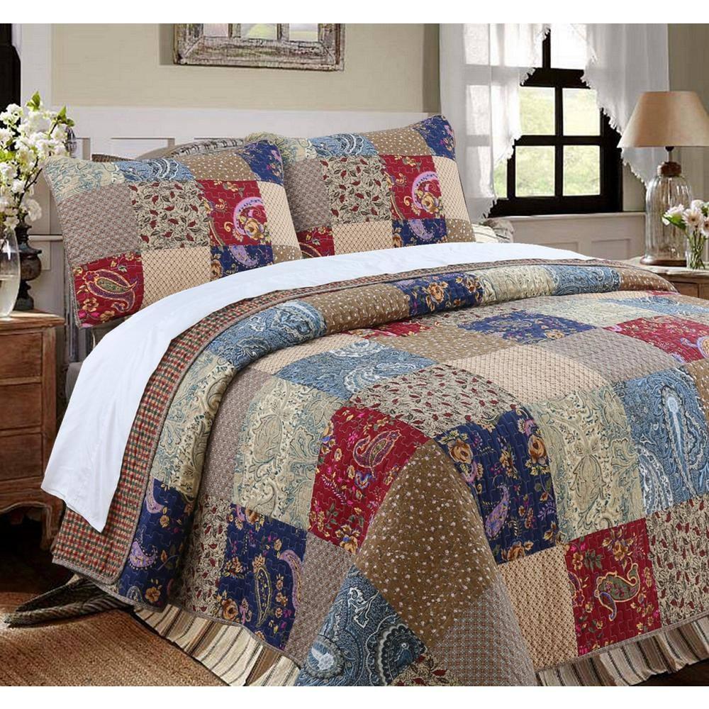 King Size Red and Navy Cotton Reversible Patchwork Quilt Set
