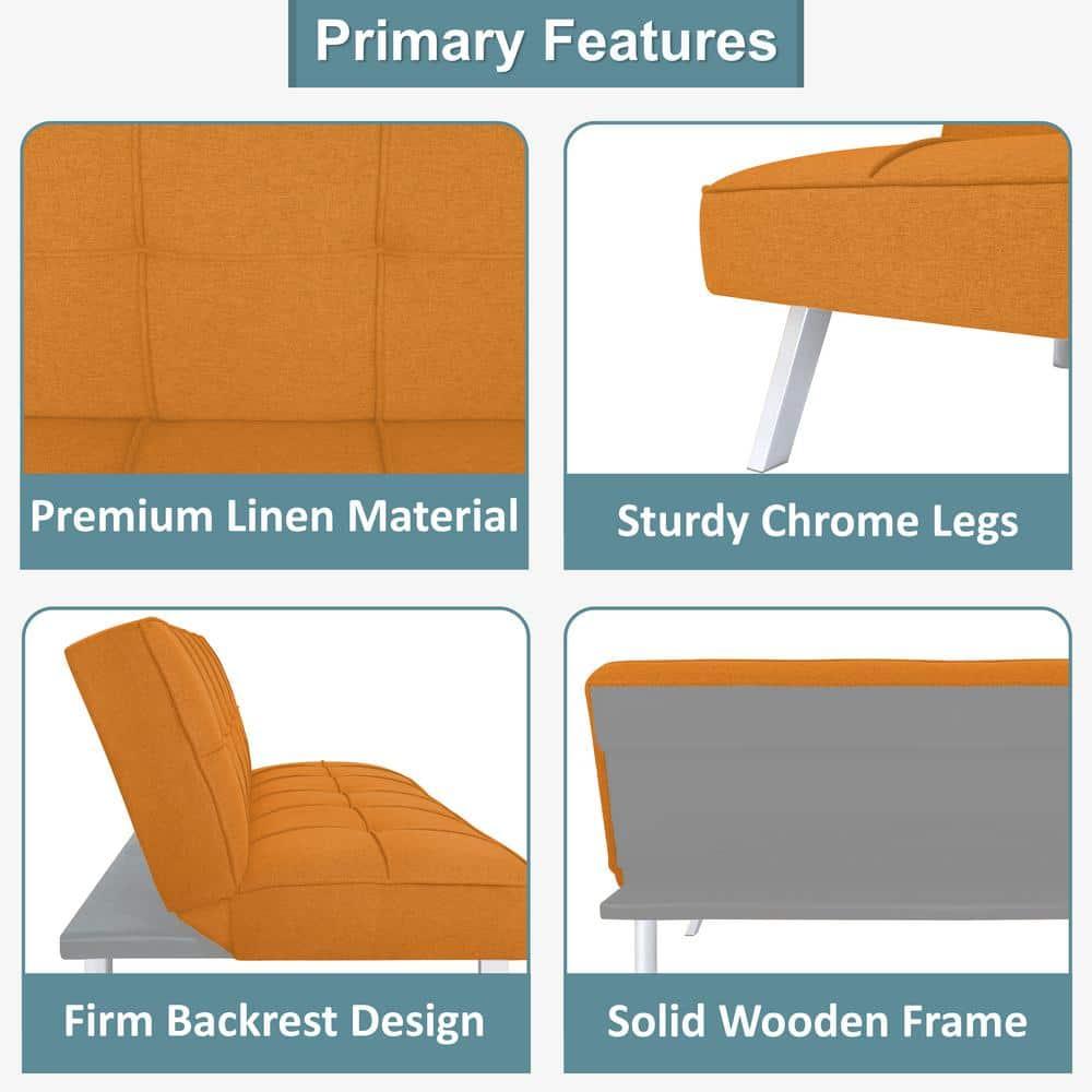 Modern Futon Sofa Bed - Compact Design for Small Spaces - Convertible Futon with Linen Fabric for Premium Comfort - Ideal Guest Couch - Stylish & Durable, Supports up to 750 lbs. - Tangerine